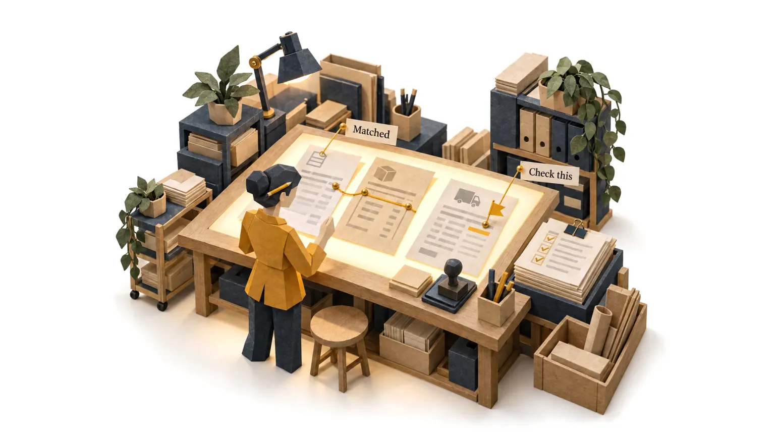 The accounts clerk agent matching an invoice to its order and delivery note on a light table.