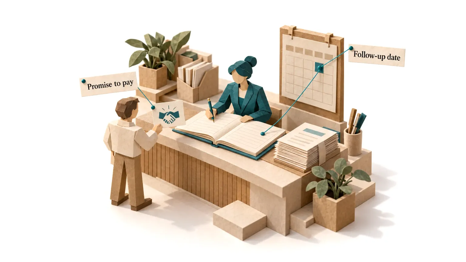 The collections agent recording a customer's promise to pay and tying it to a follow-up date.