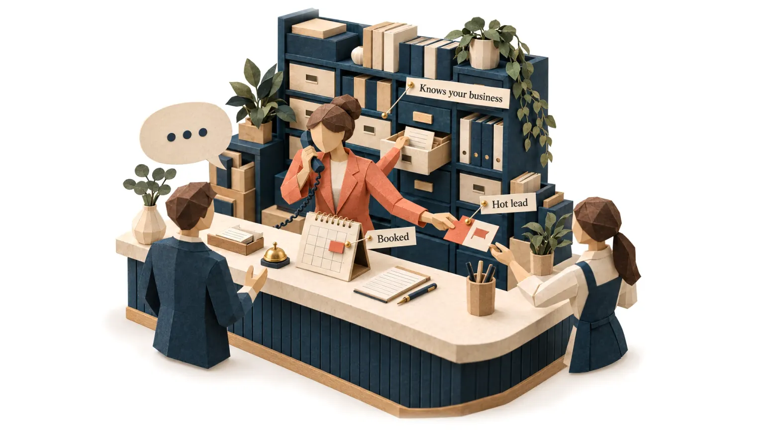 The receptionist agent on the phone at a counter, pulling an answer from a wall of drawers and booking an appointment.
