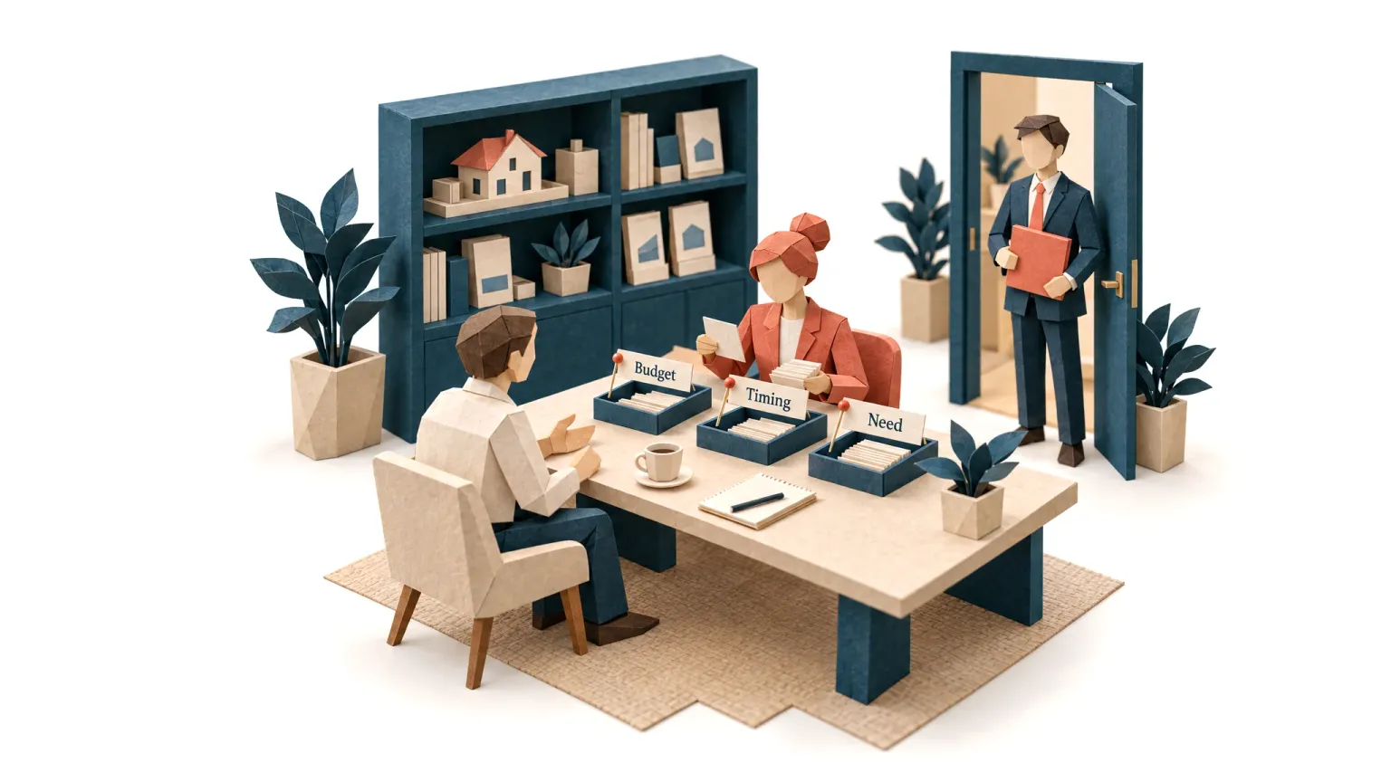 The sales agent qualifying a new lead, sorting their answers into budget, timing and need.