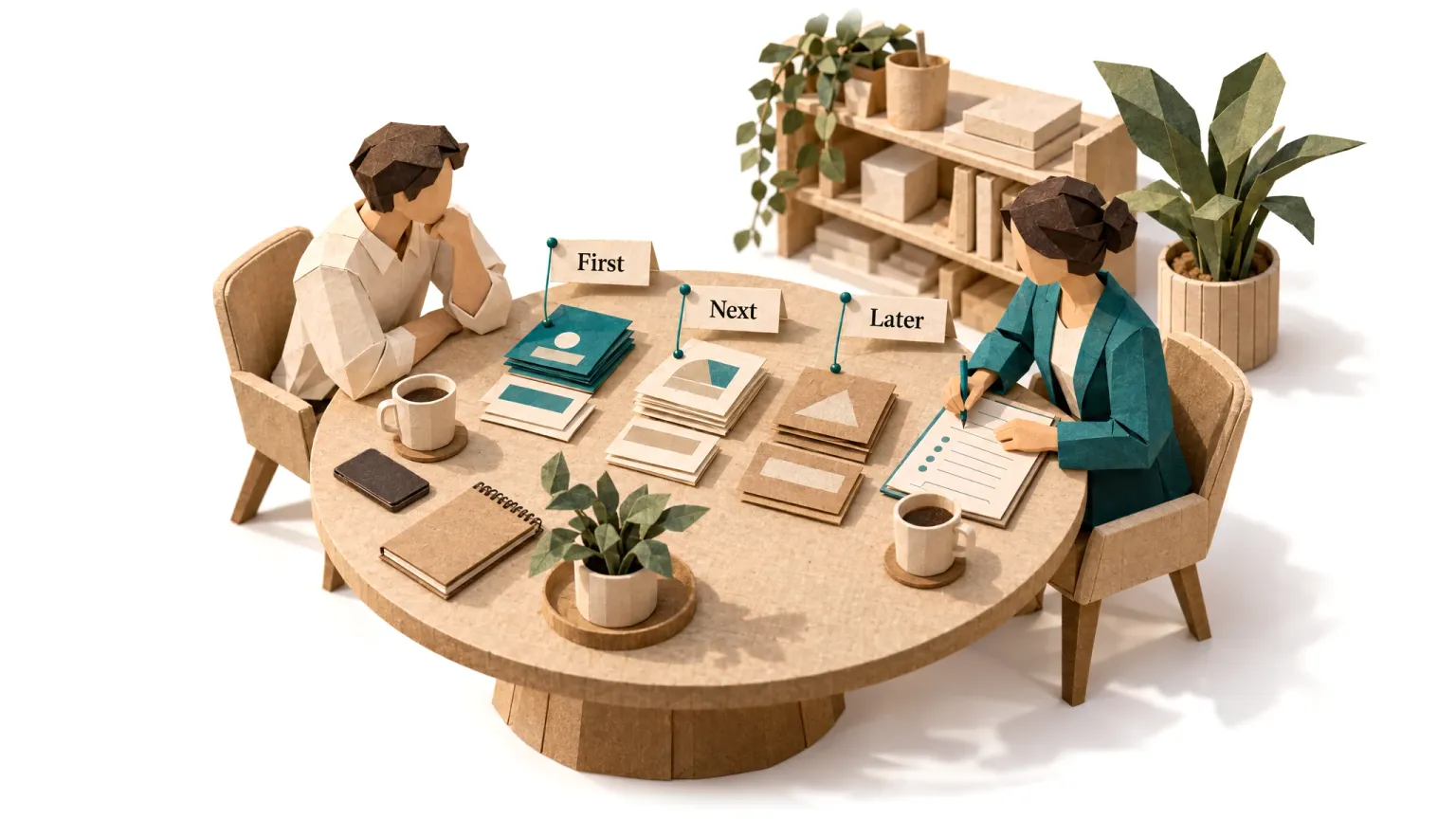 The owner and a consultant sorting the business into what to fix first, next and later.