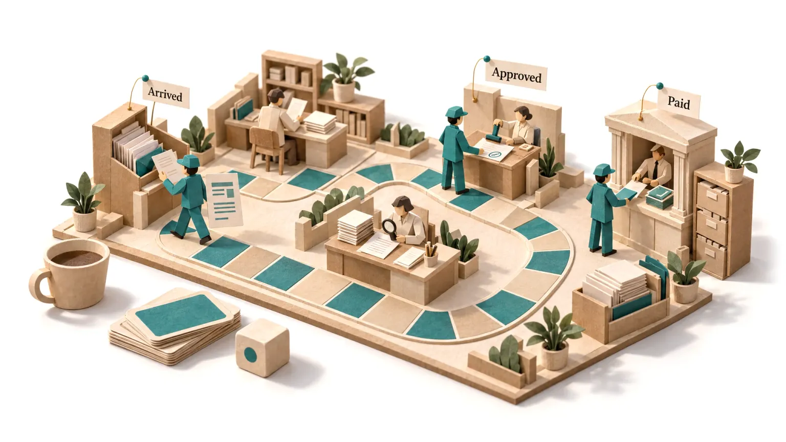 An invoice moving along a board game from arrival to approval and payment.