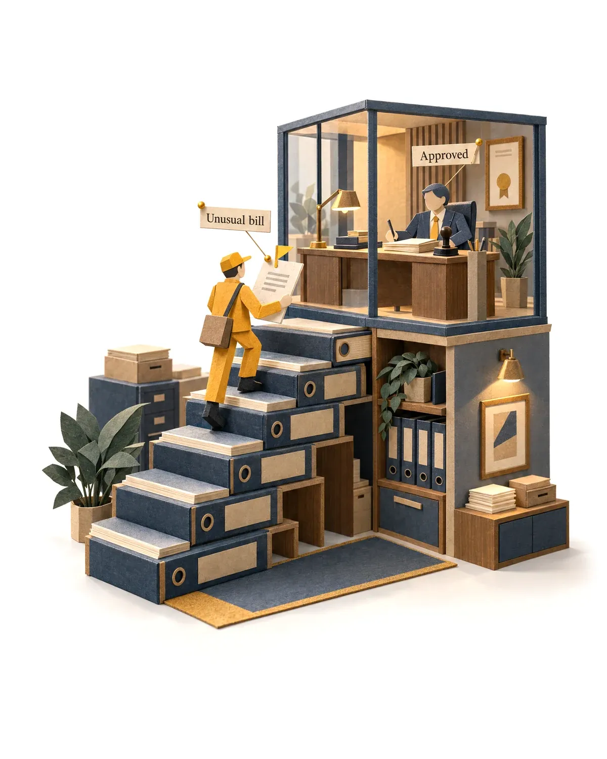 The accounts clerk agent climbing a stair of ledgers to bring an unusual bill to the owner.