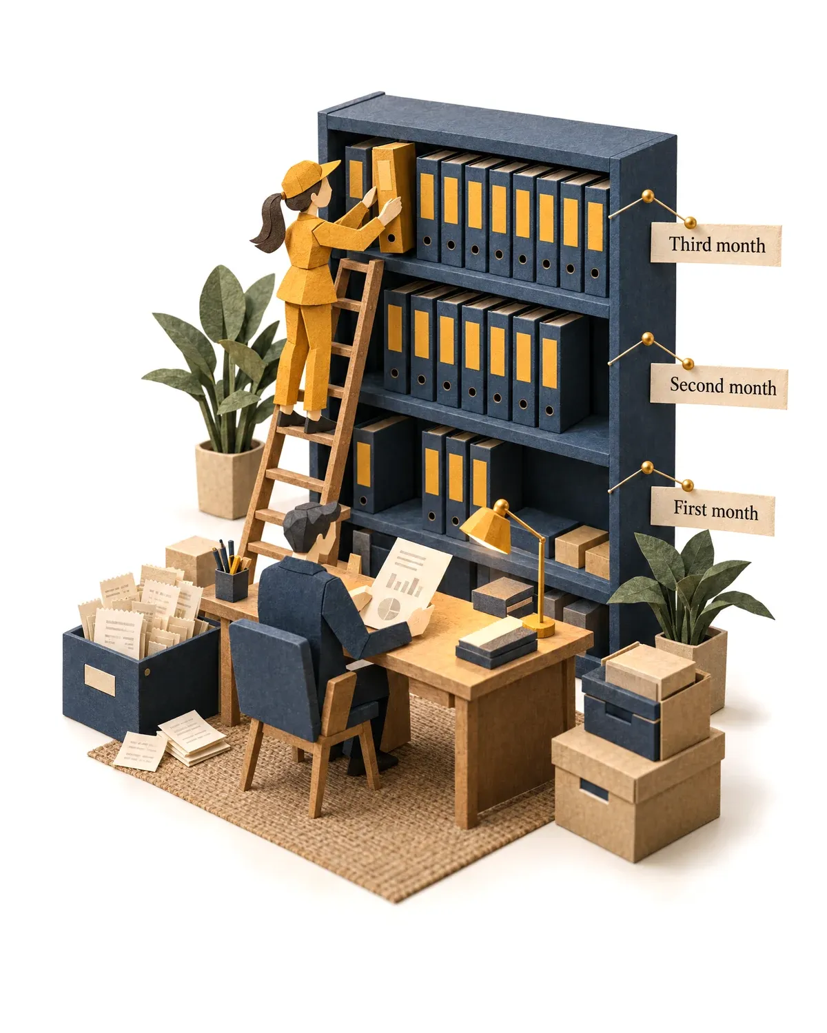 A bookcase of binders filling shelf by shelf, the accounts clerk agent adding the last.