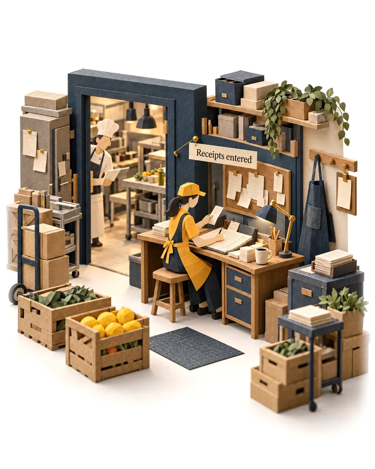 The accounts clerk agent entering the morning's delivery receipts in a restaurant's back office.