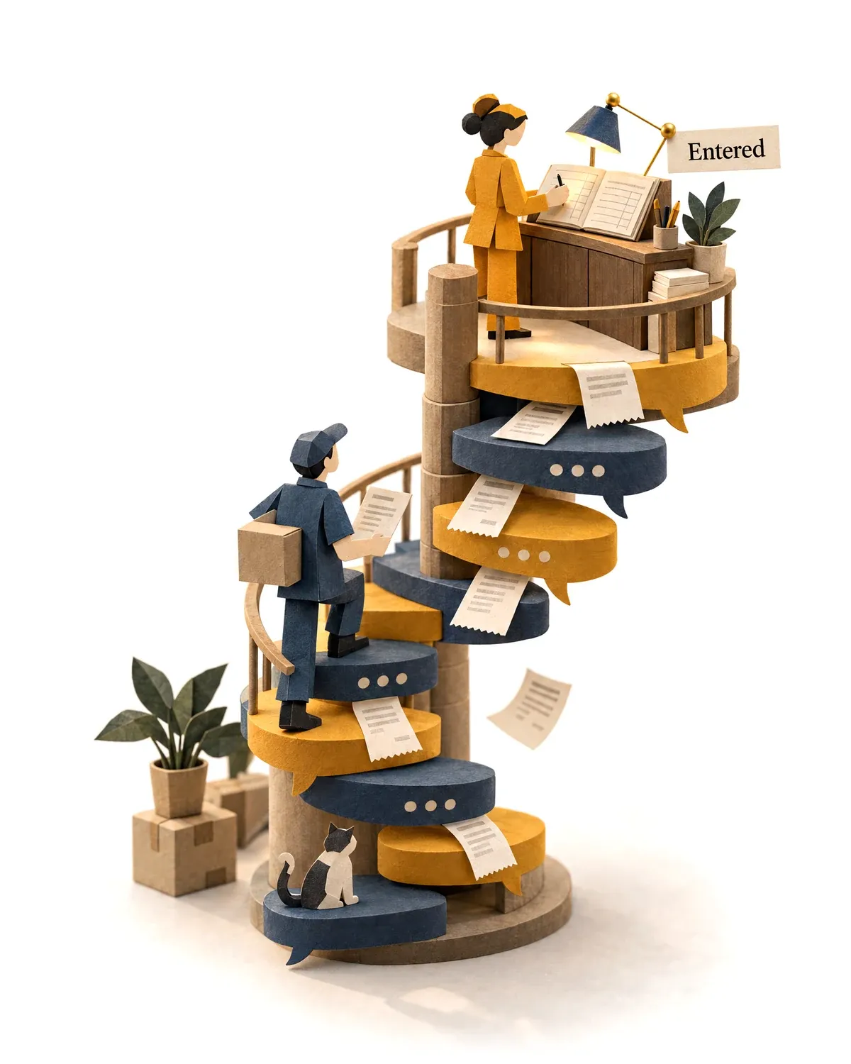 A spiral stair of speech bubbles carrying invoices up to the accounts clerk agent.