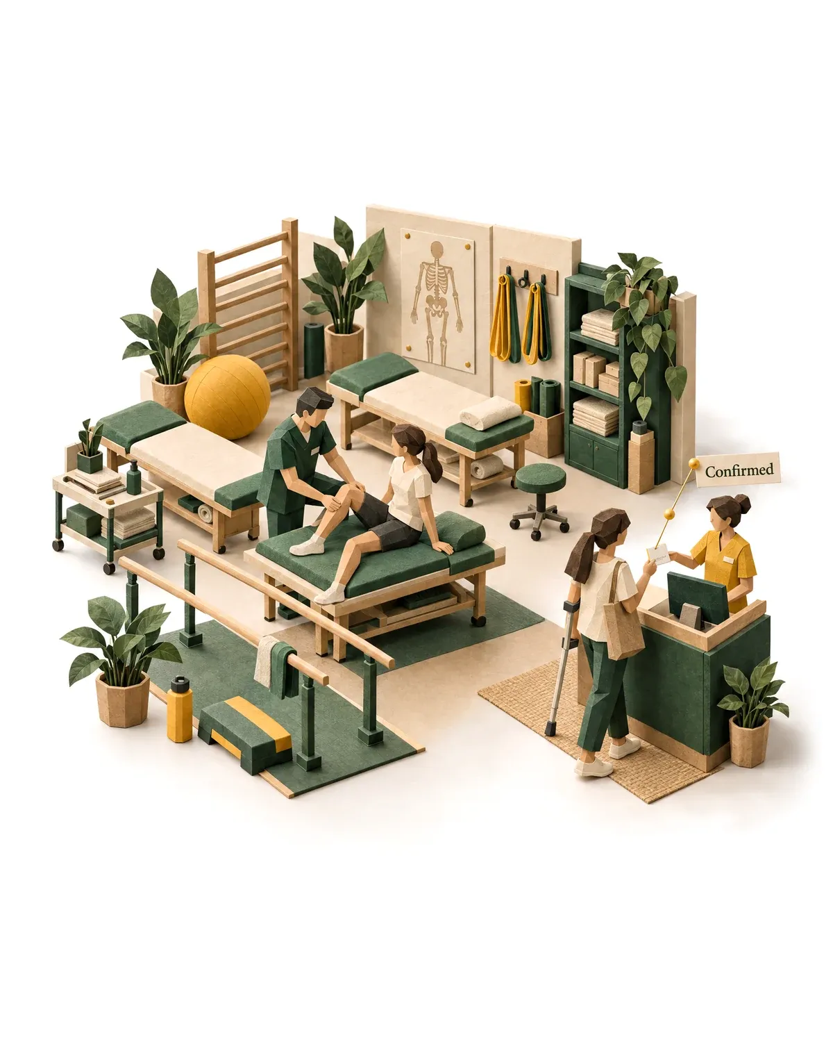 The booking agent confirming the next session for a patient at a physiotherapy clinic.