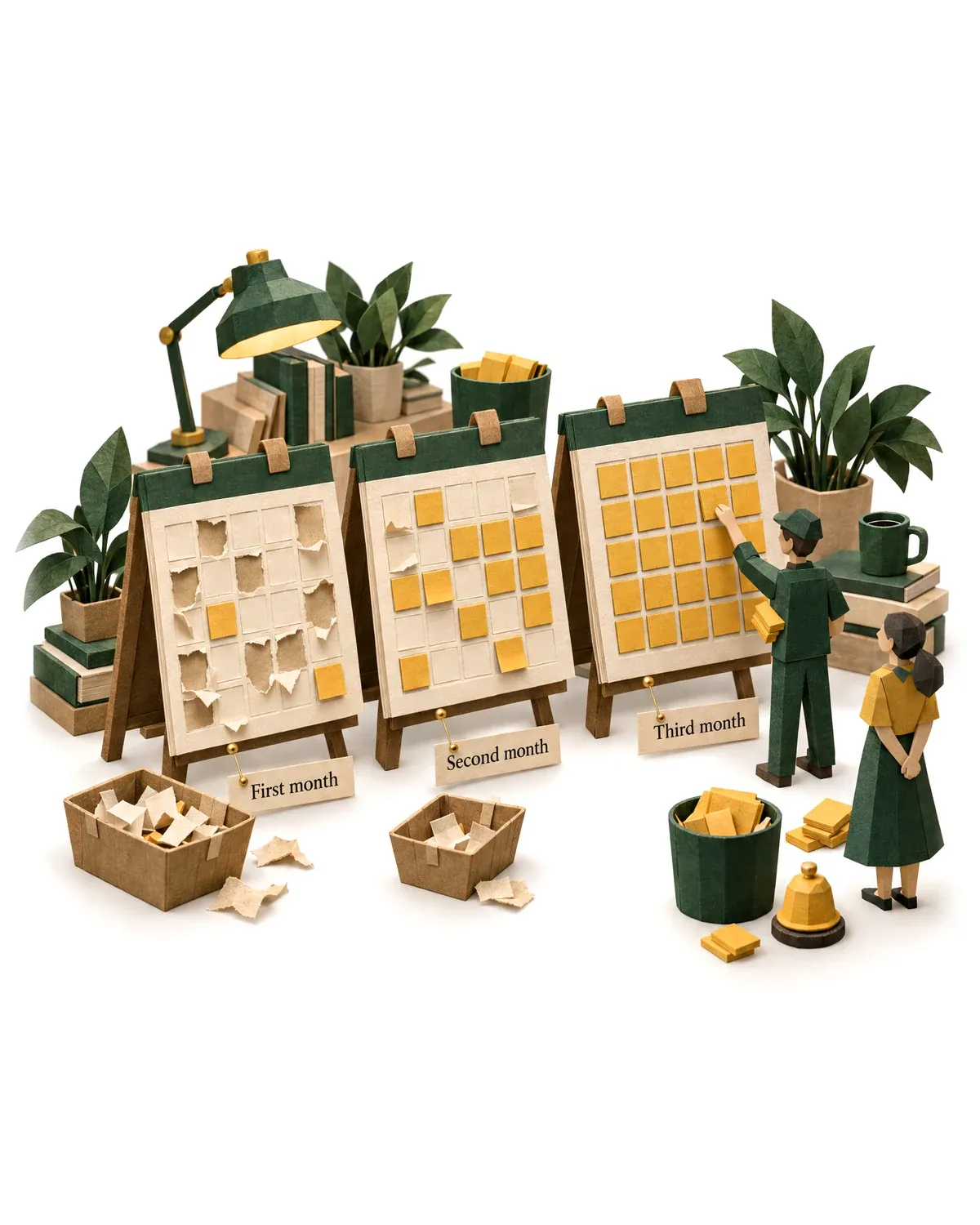 Three calendar pages filling month by month, the booking agent placing the last tile.