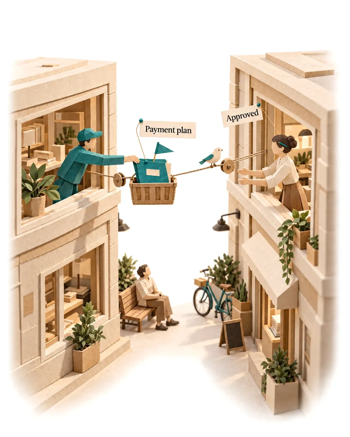 The collections agent sending a payment plan request across a lane in a basket for the owner to approve.