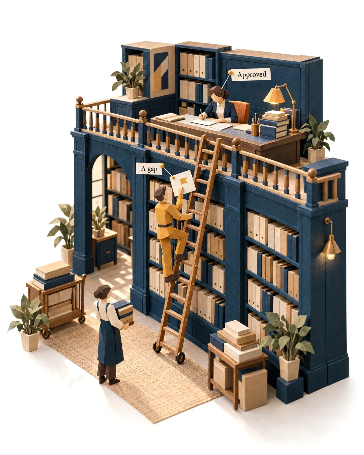 The company brain agent climbing a library ladder to bring a gap to the person who can answer it.