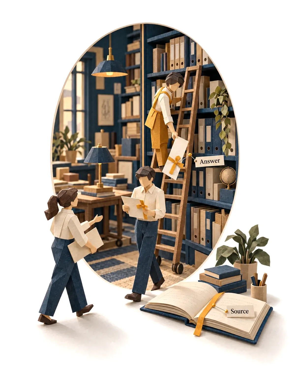 The company brain agent handing down an answer with its source through an oval window.