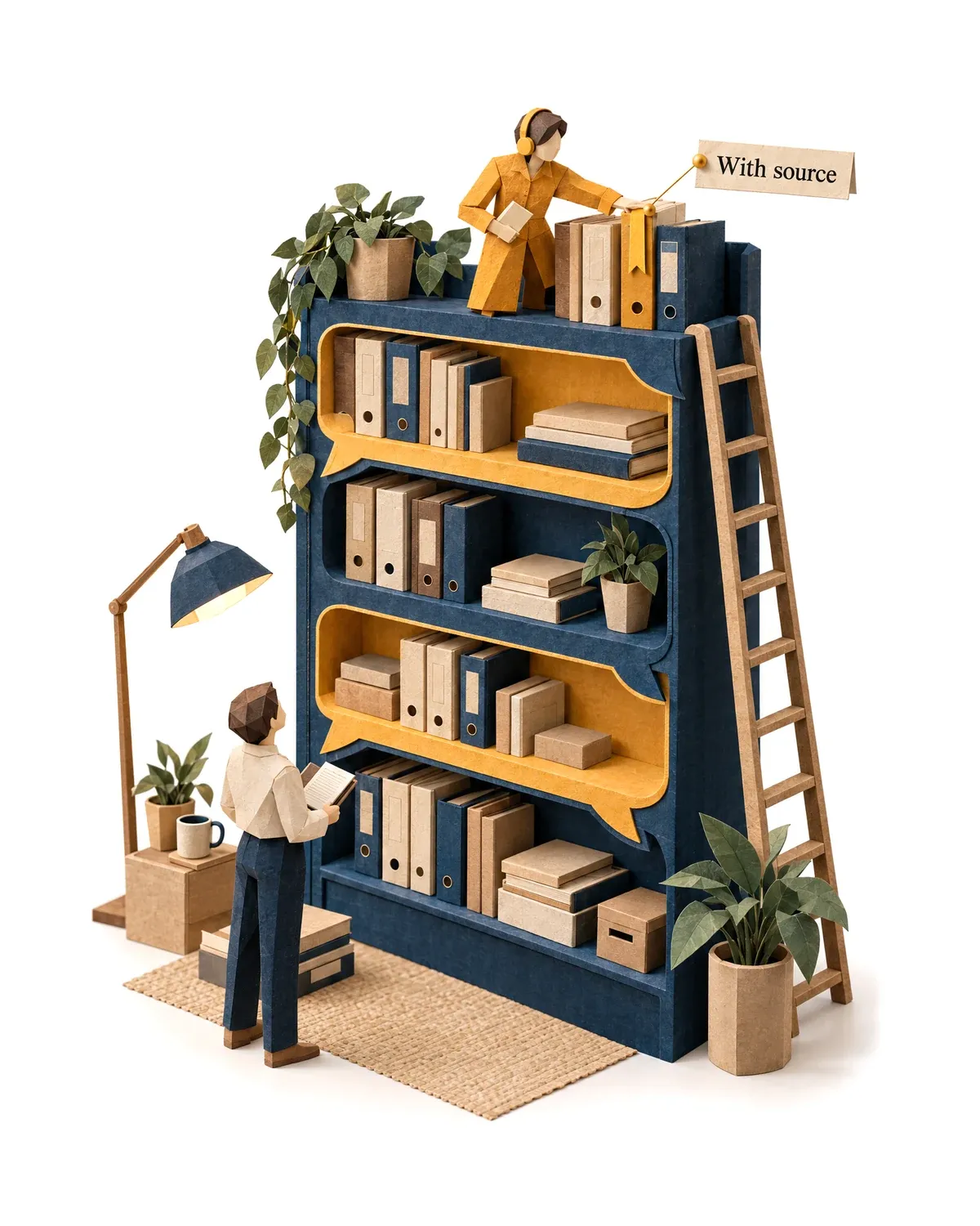A bookcase of speech bubbles, each answer shelved with its source.