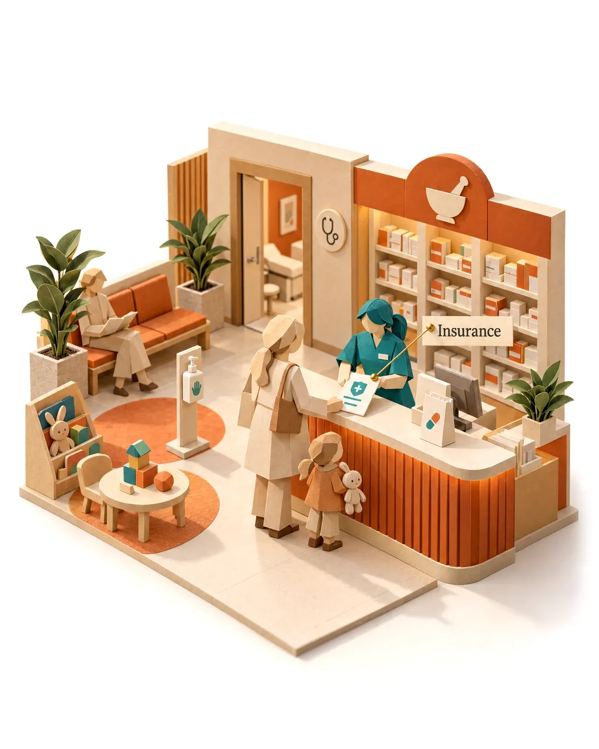 The customer service agent answering an insurance question at a family clinic's pharmacy counter.