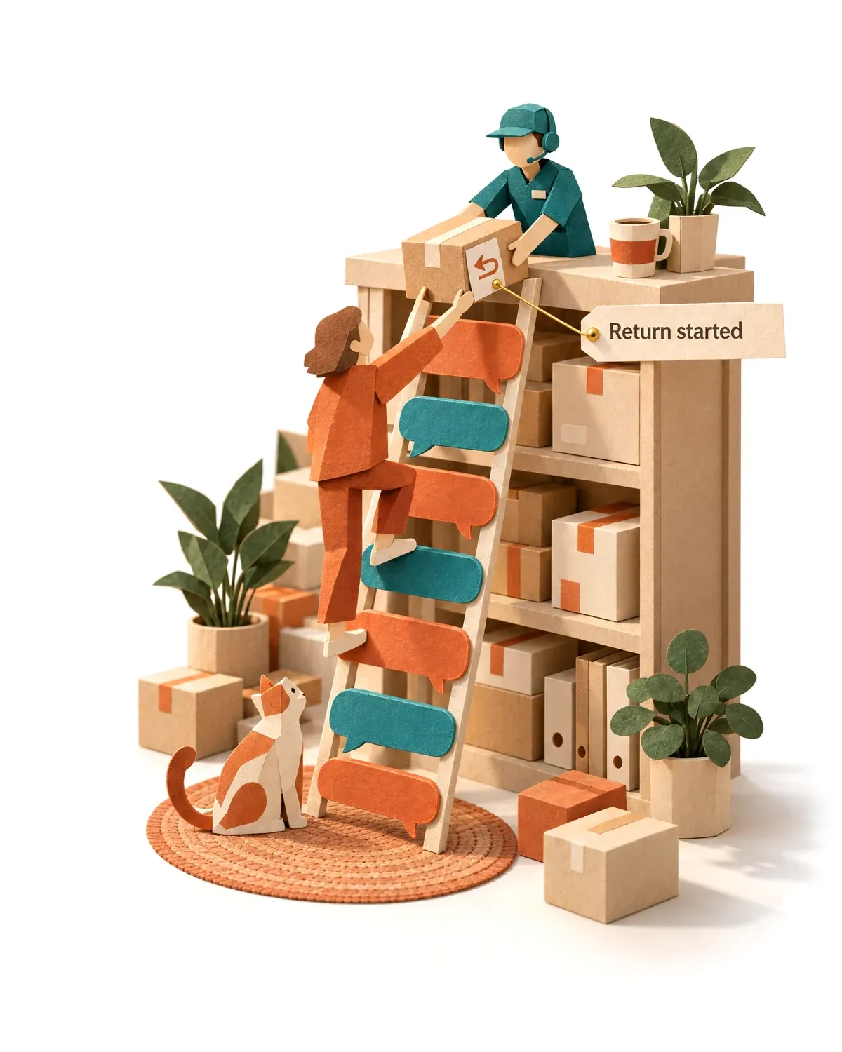 A ladder of speech bubbles leading a customer up to the customer service agent and a started return.