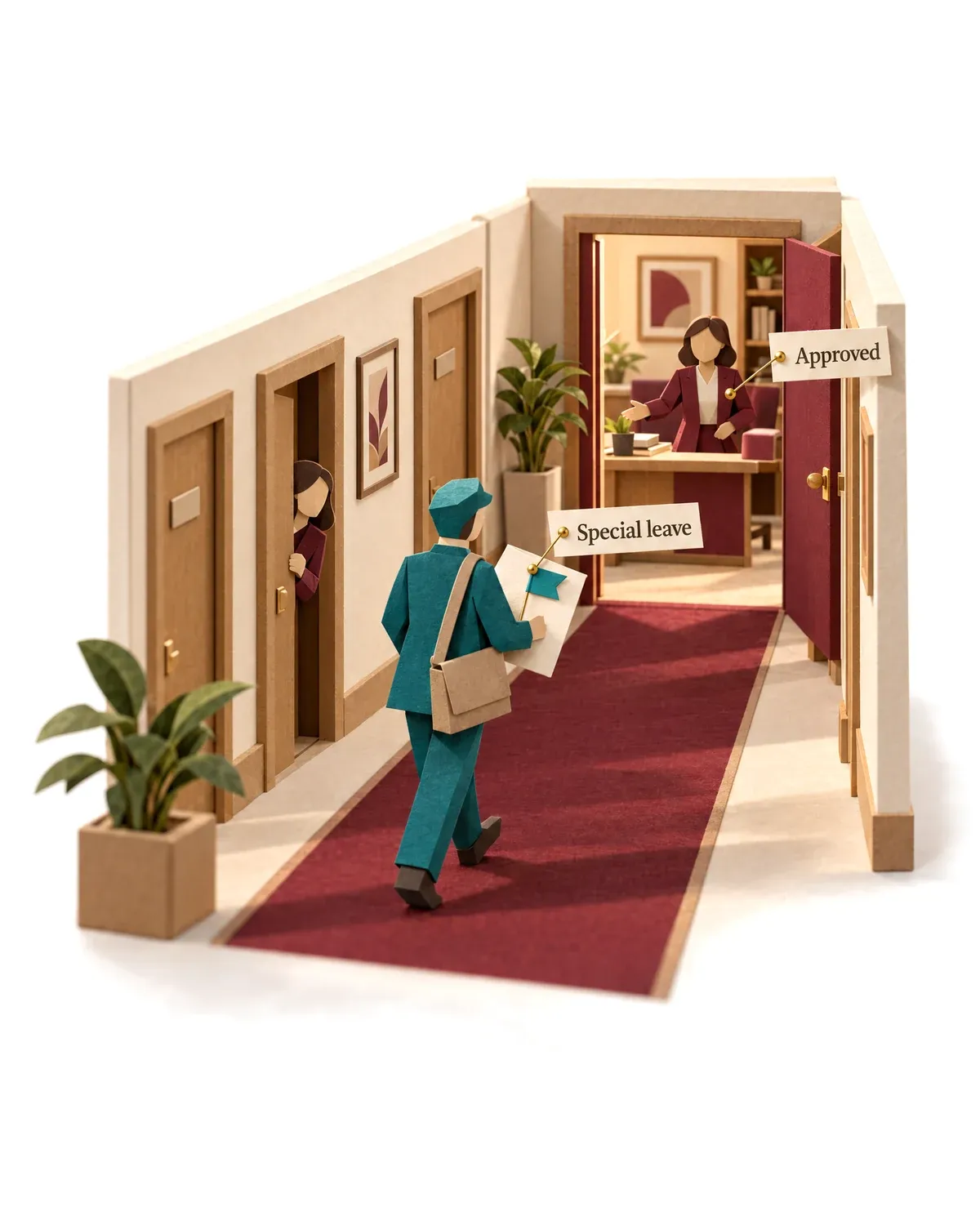 The HR assistant agent bringing a special leave request down a corridor to the HR manager.