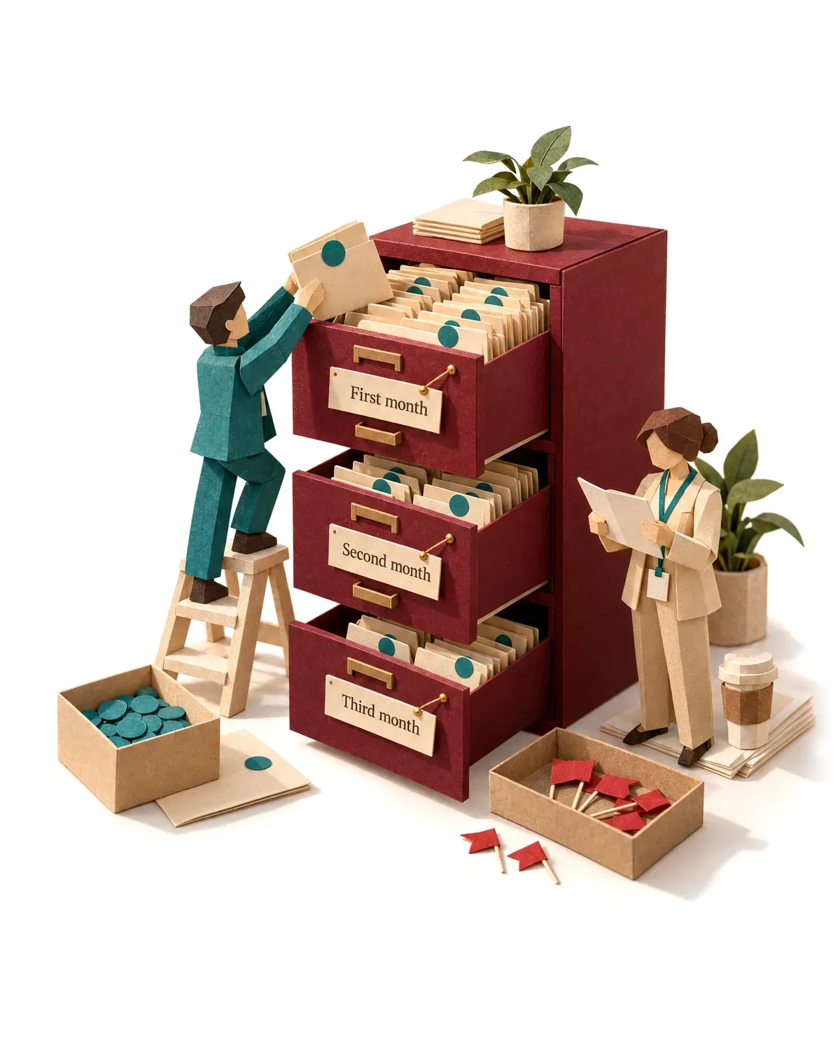 Three filing drawers filling month by month with up-to-date staff documents.