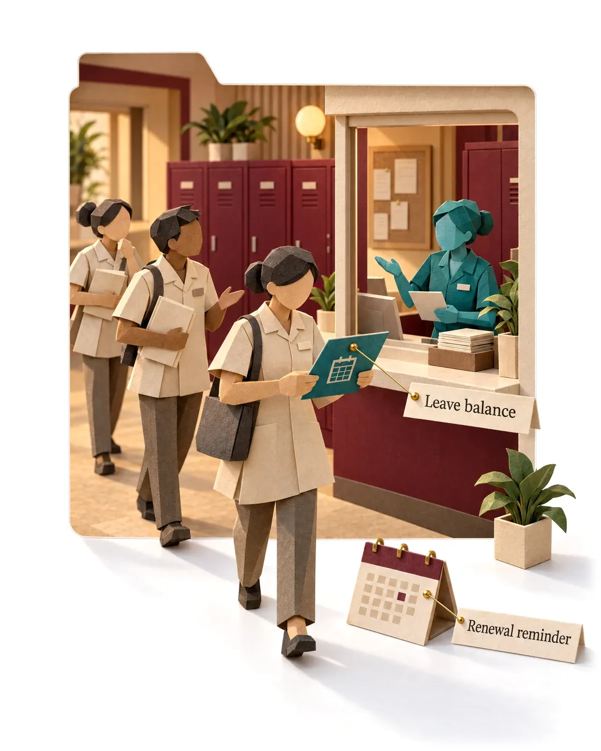 The HR assistant agent answering a staff member through a folder-shaped window.