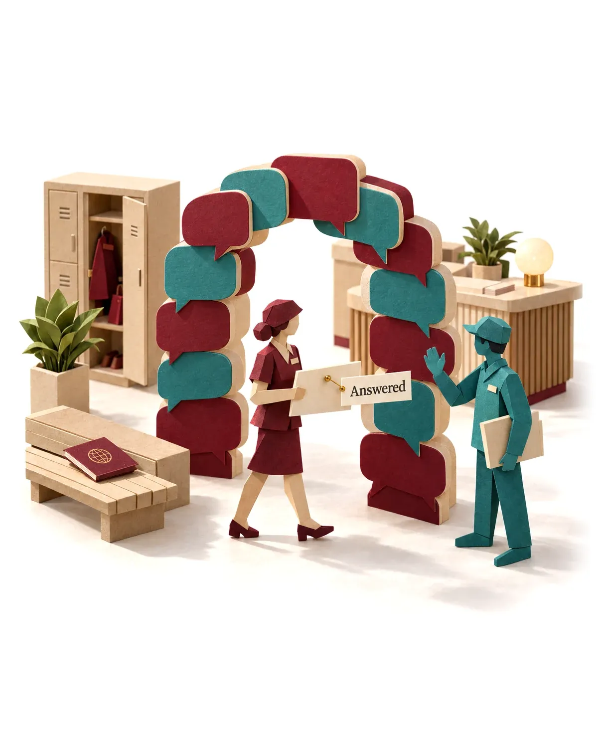 An arch of speech bubbles a staff member walks through holding an answer from the HR assistant agent.
