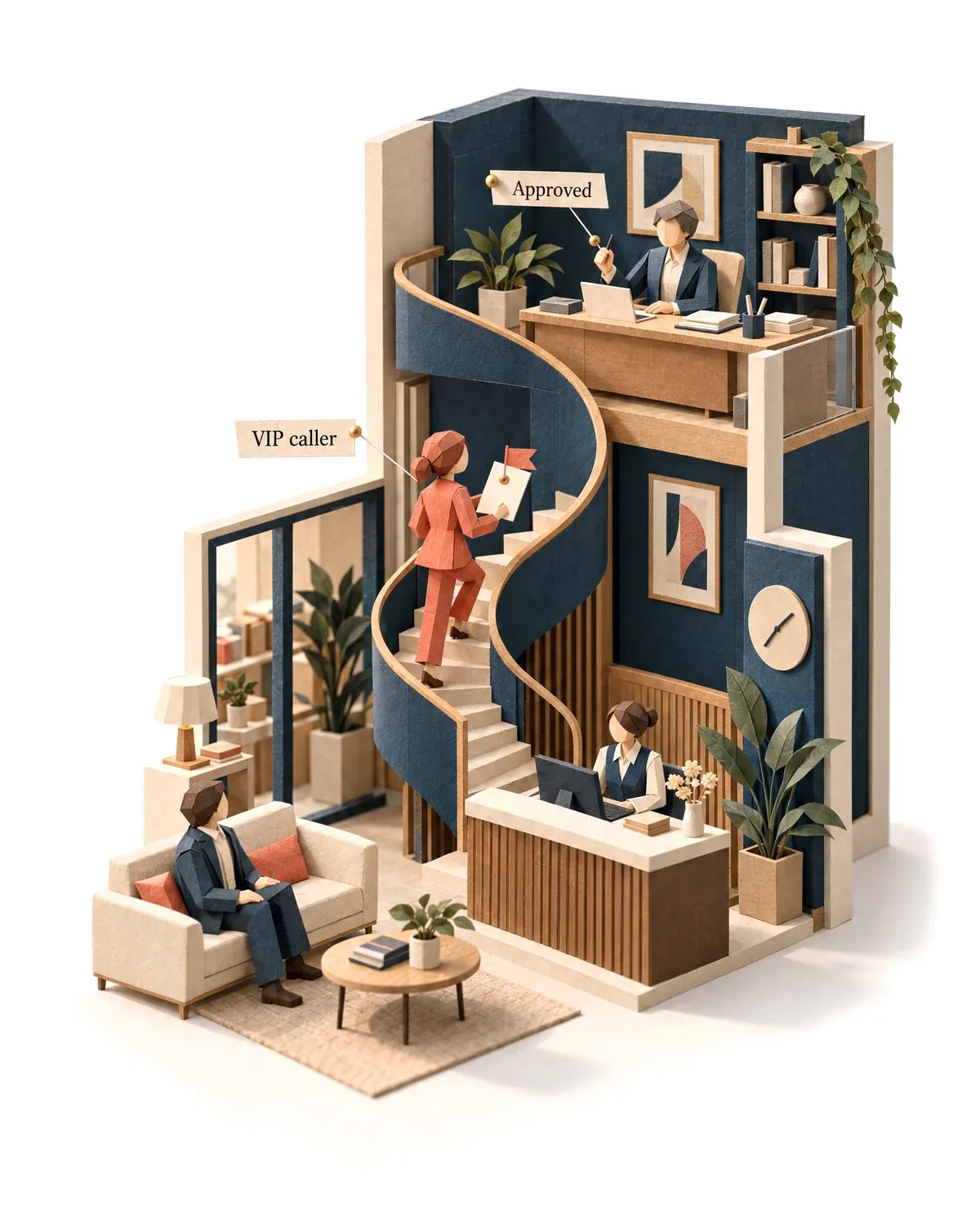 The receptionist agent climbing a spiral stair to bring a flagged card to the owner for approval.