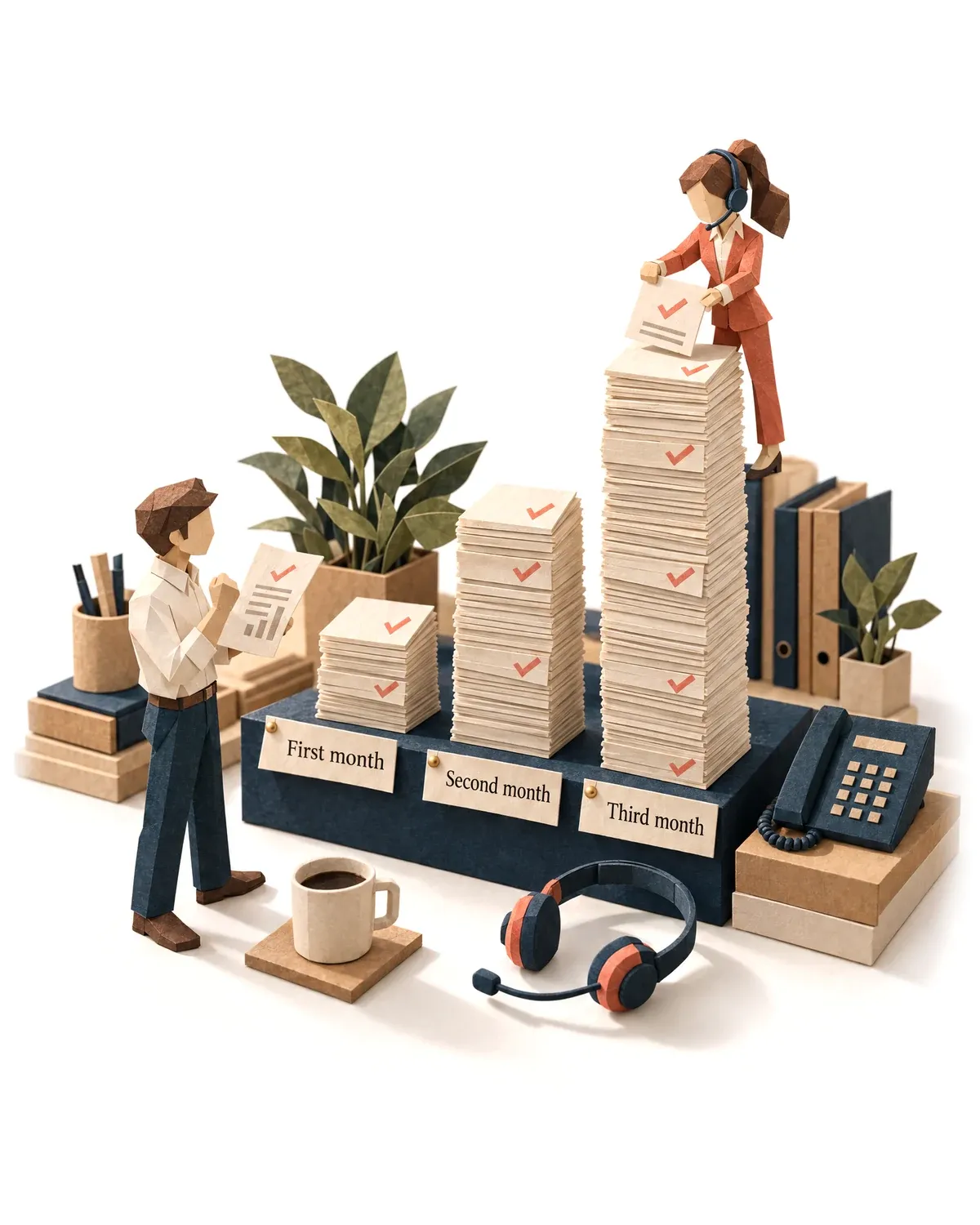 Three towers of answered call cards rising month by month, the receptionist agent adding to the tallest.