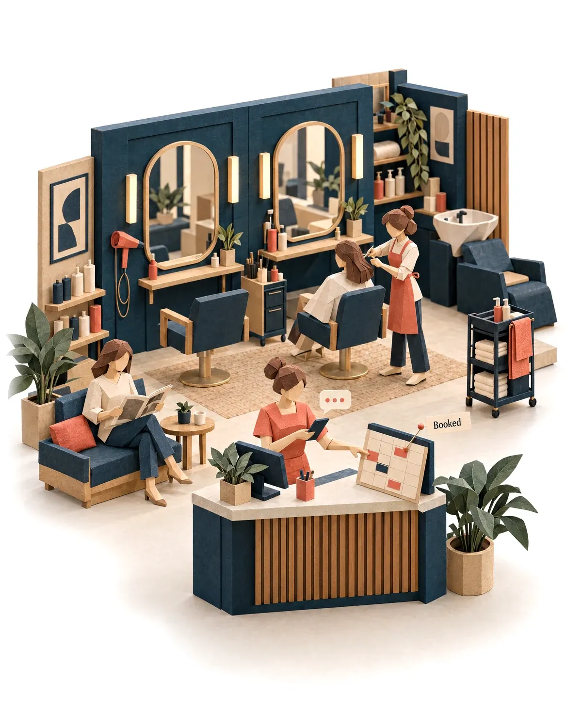 The receptionist agent booking a client at a hair salon's front desk while a stylist works.