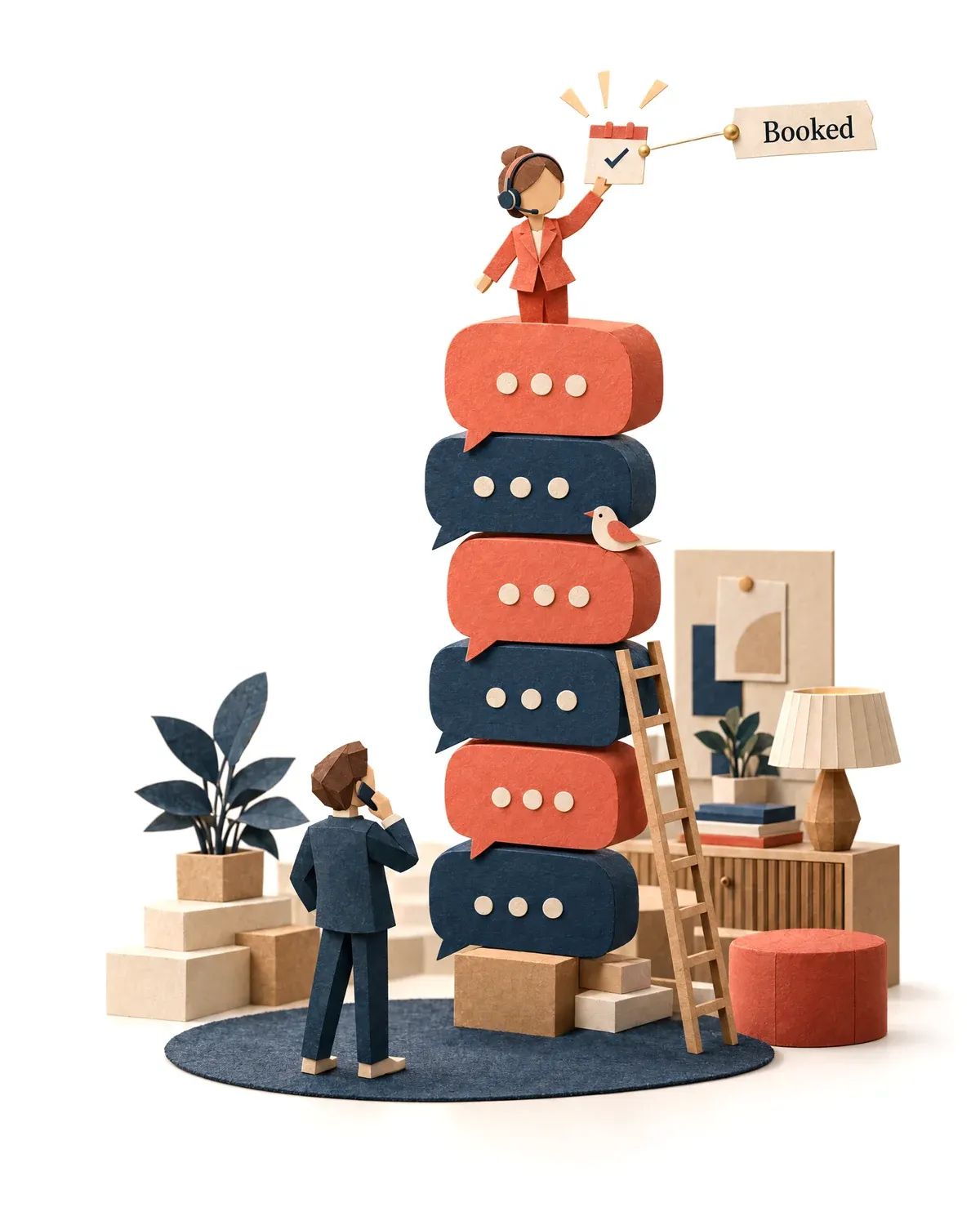 A tower of stacked speech bubbles, the receptionist agent at the top holding a booked appointment.