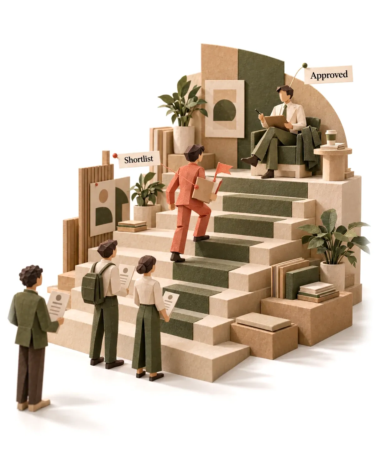 The recruiter agent carrying the shortlist up tiered steps to the hiring manager.