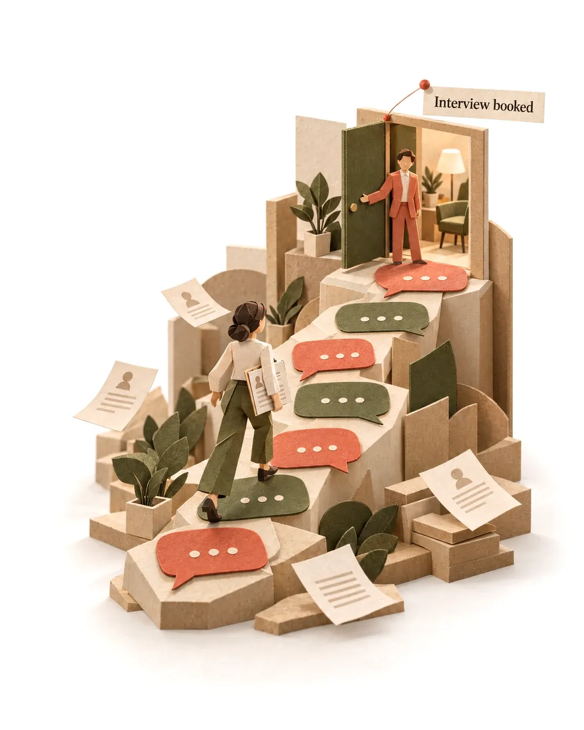 A zig-zag path of speech bubbles leading a candidate to a booked interview.