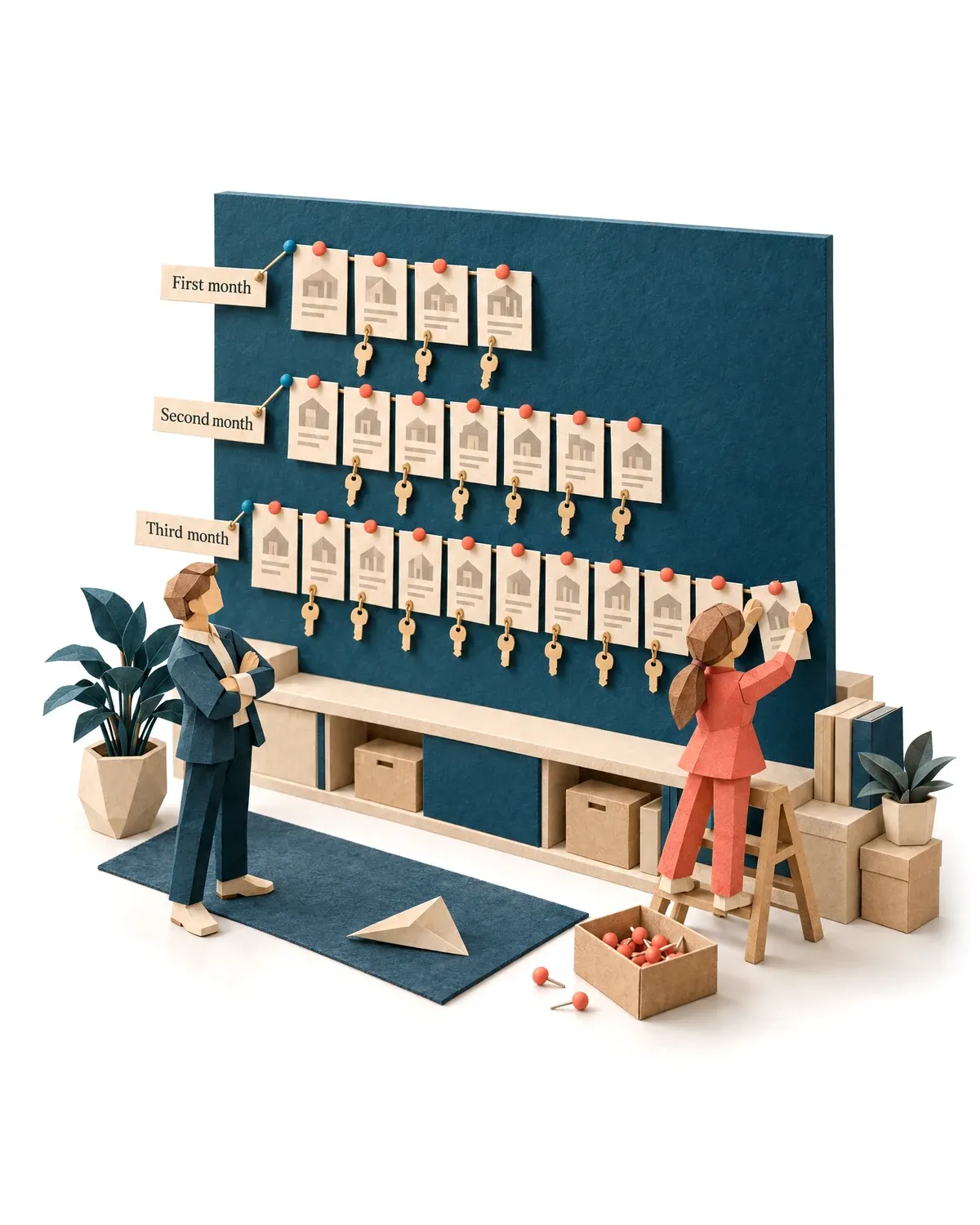 A pinboard of booked meetings growing longer month by month, the sales agent adding one more.