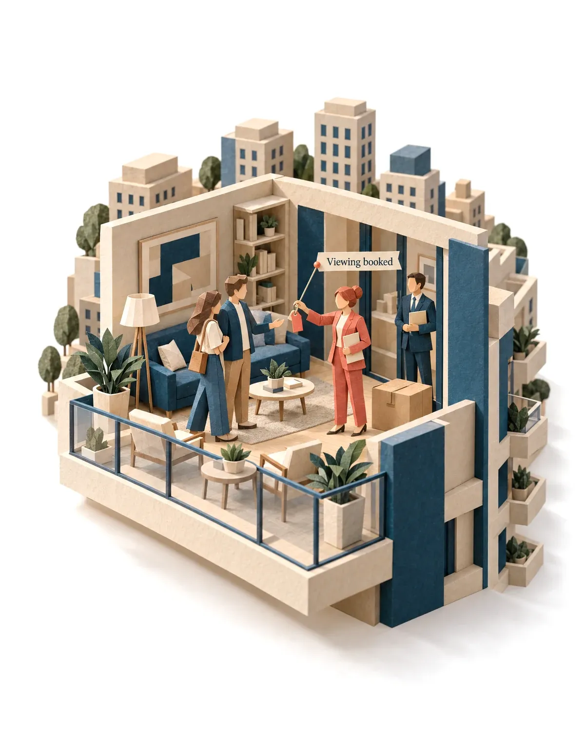 The sales agent handing a couple the key to a booked apartment viewing.