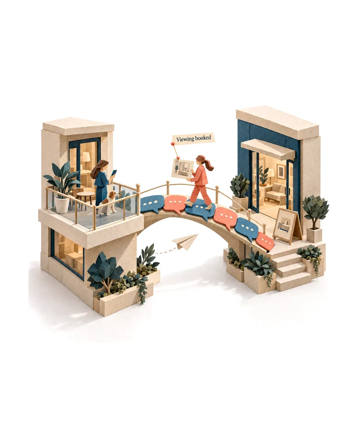 A bridge of speech bubbles between a customer and a showroom, the sales agent crossing with a booked viewing.