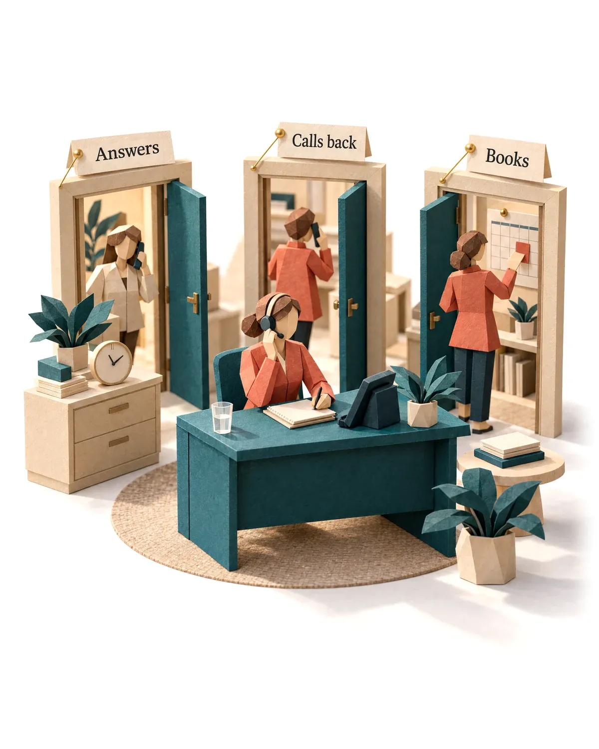 The voice agent at a desk with three doors: answering, calling back and booking.