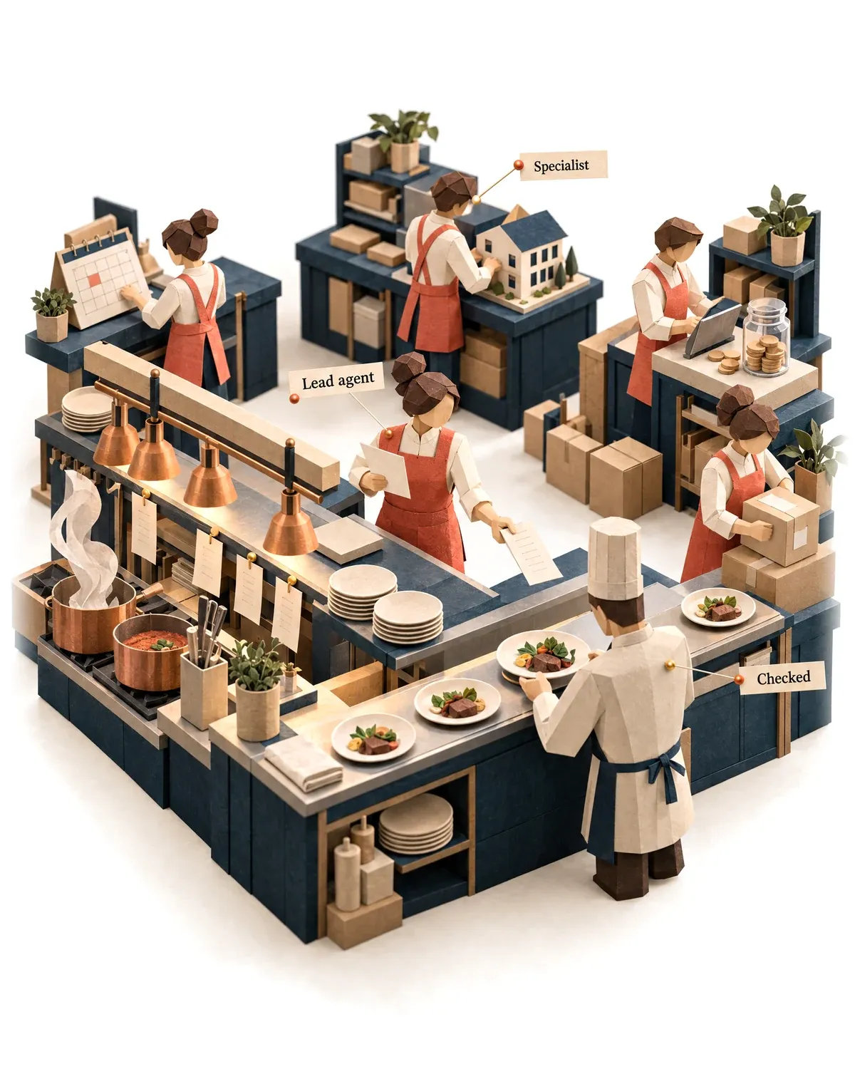 A kitchen brigade of specialist agents, a lead agent at the pass and a person checking the work.