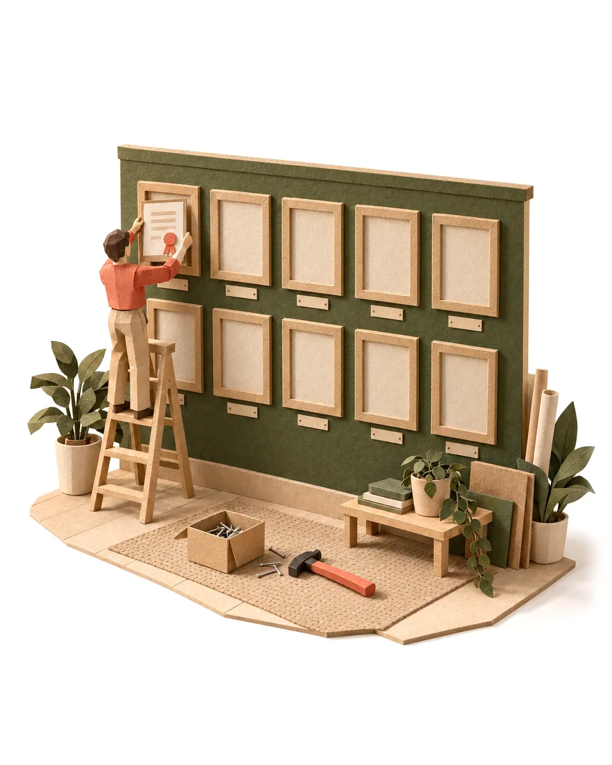 Ten empty frames on a wall, the first being filled.