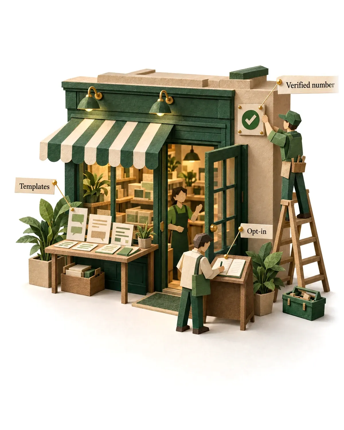 A shopfront being set up with a verified number, message templates and an opt-in book.