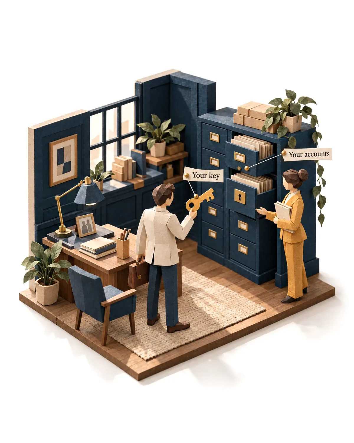 A business owner holding the key to their own records while the agent waits.