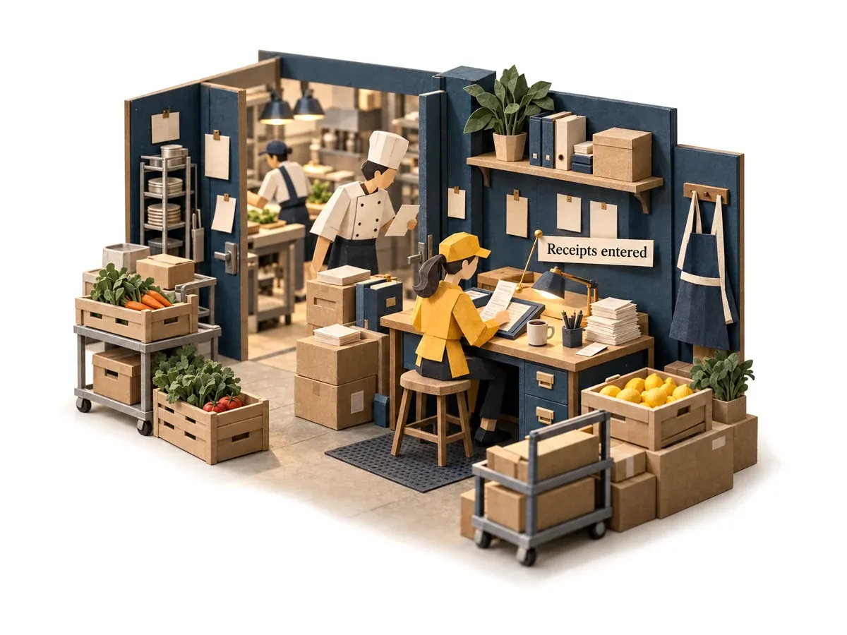 The accounts clerk agent entering the morning's delivery receipts in a restaurant's back office.
