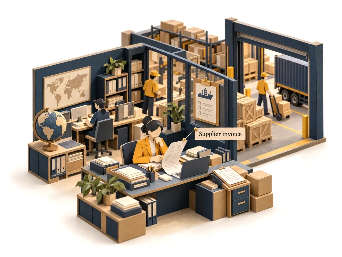 The accounts clerk agent reading a supplier invoice at a trading company's office.