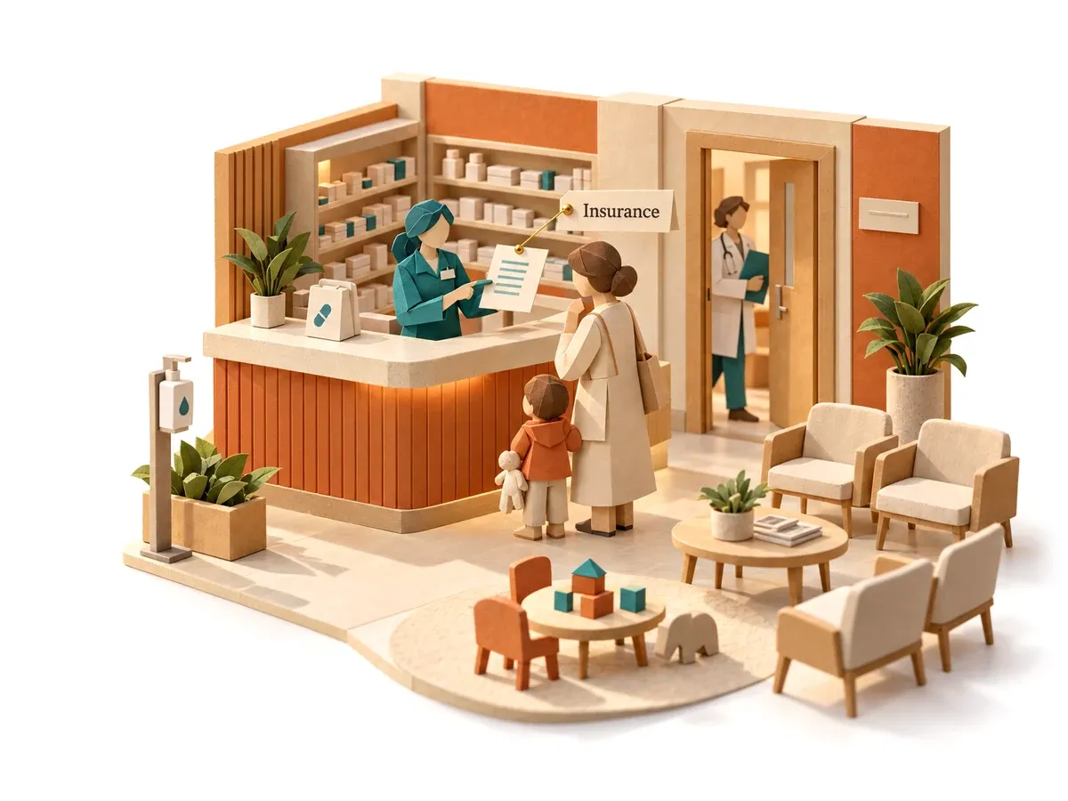 The customer service agent answering an insurance question at a family clinic's pharmacy counter.