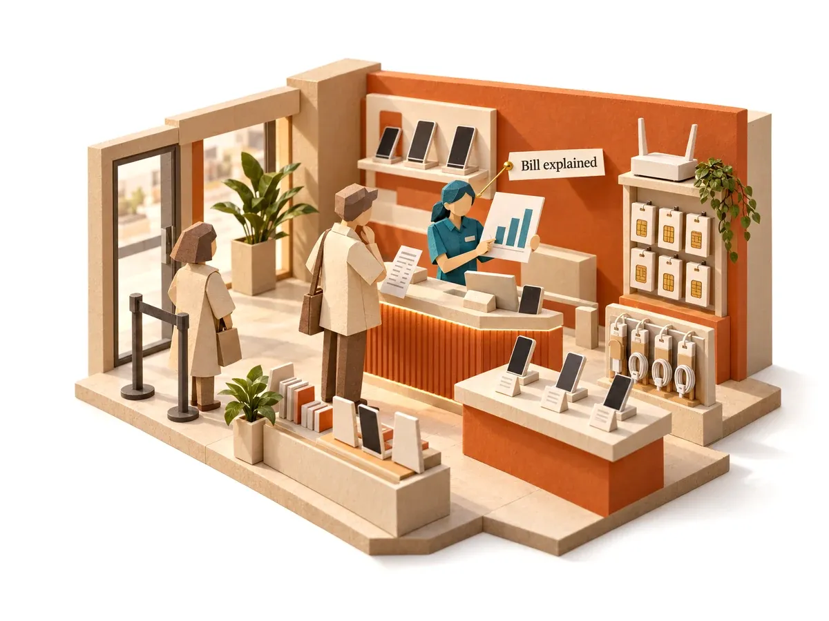 The customer service agent explaining a bill to a customer at a telecom shop.