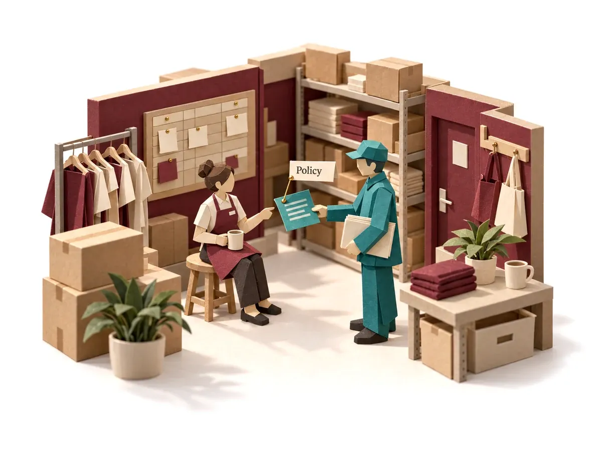 The HR assistant agent answering a cashier's policy question in a shop's back room.