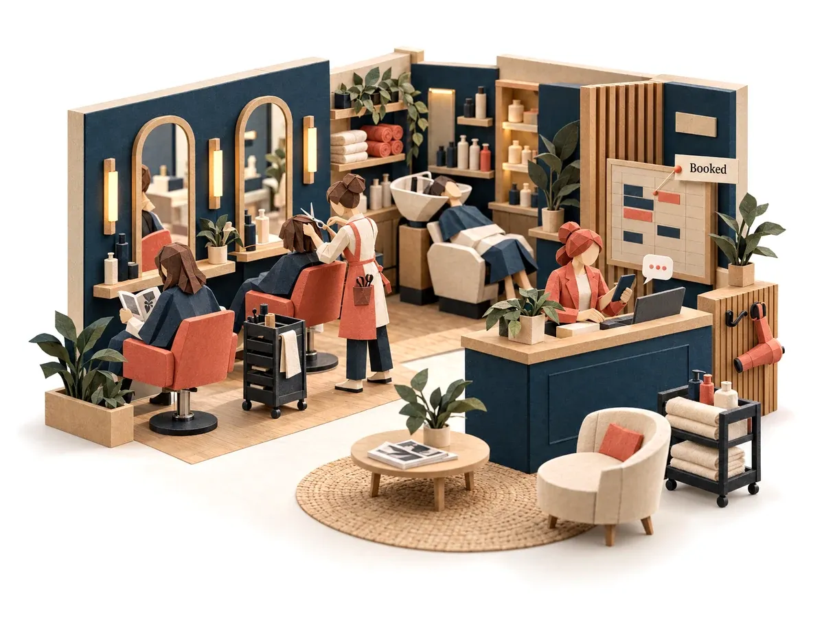 The receptionist agent booking a client at a hair salon's front desk while a stylist works.