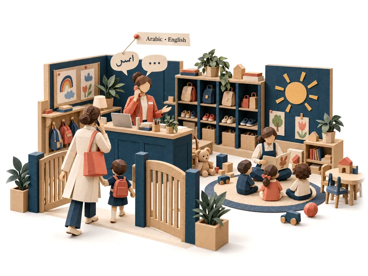 The receptionist agent answering a parent's call at a nursery, in Arabic and English.