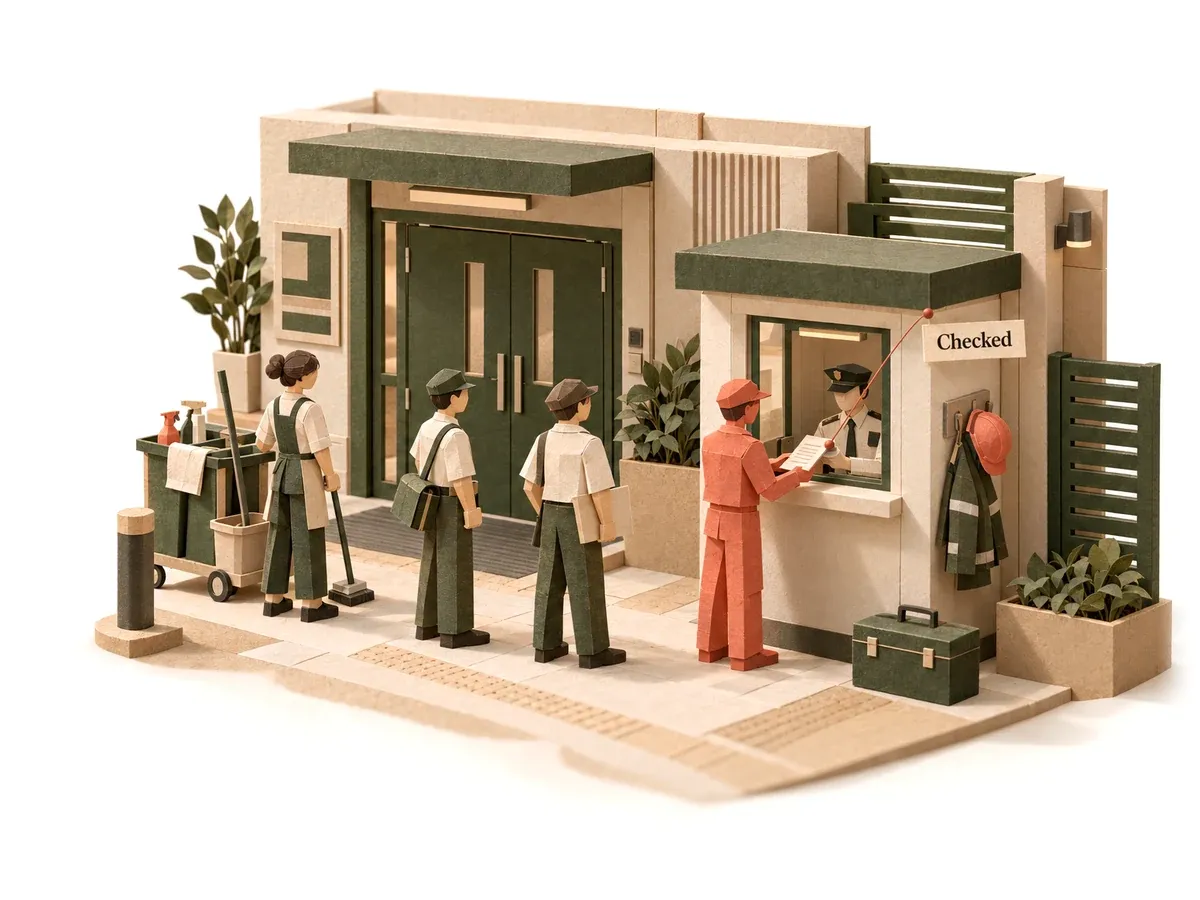 The recruiter agent checking a candidate's documents at a facilities company's service entrance.
