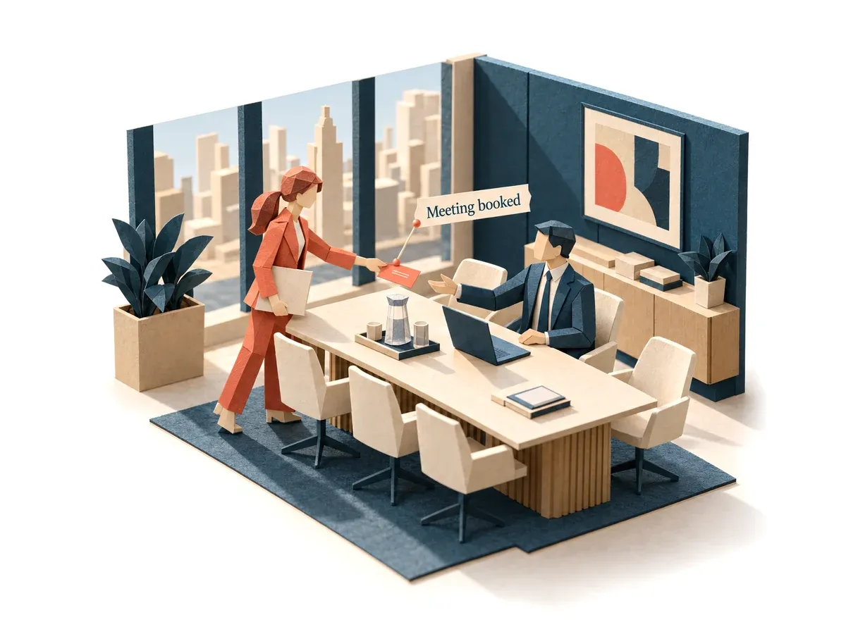 The sales agent handing a booked meeting to an account manager in a B2B meeting room.