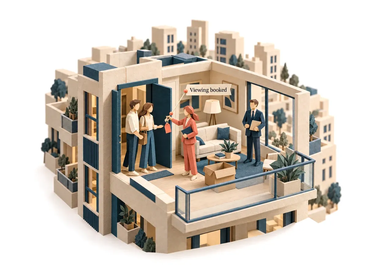 The sales agent handing a couple the key to a booked apartment viewing.