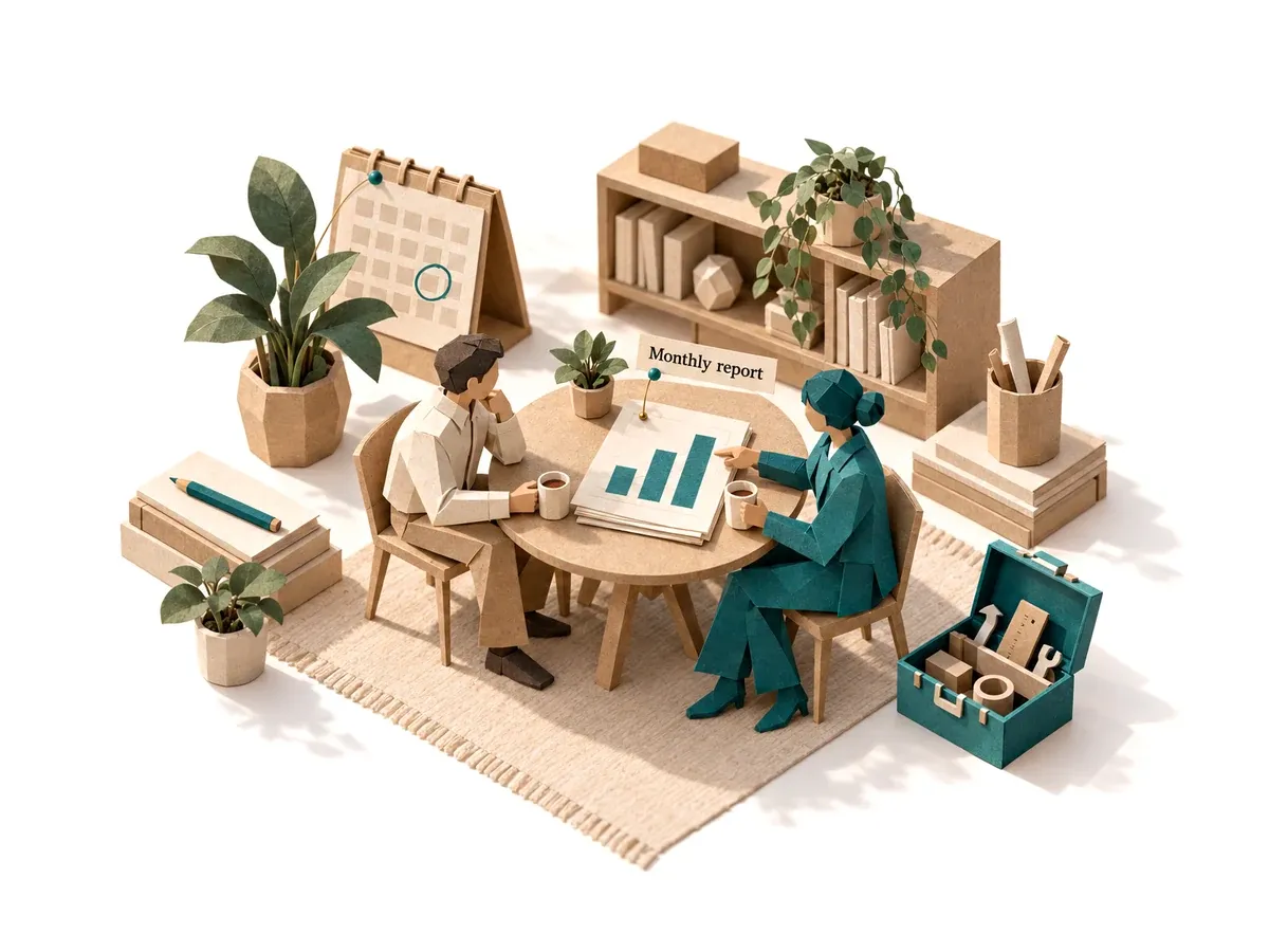 An engineer and the agent going over the monthly report with a new version ready.