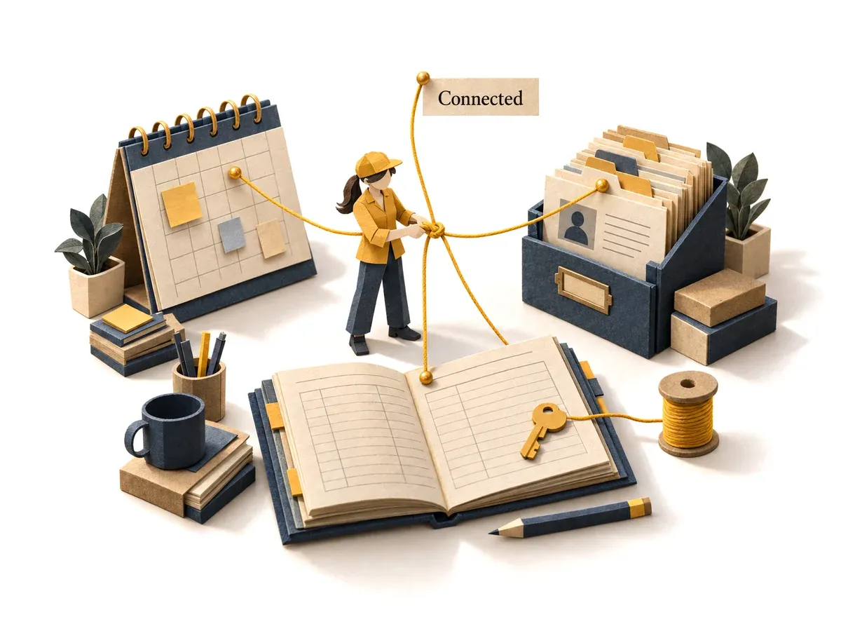 The agent tying threads from a calendar, a customer file and a ledger together.