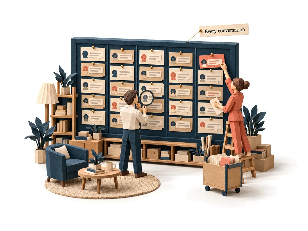 A wall of conversations pinned in columns, the owner reading one.
