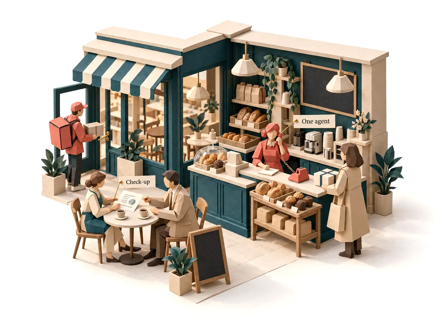 A small café owner going over the check-up plan while one agent already answers the shop's phone.